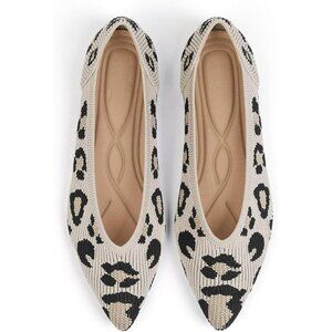 🆕Women's Leopard Flats Shoes Pointed Toe Knit Ballet Comfortable Dressy